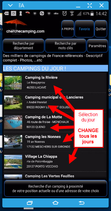 Application Android CAMPING disponible sur Google PLay - cherche camping - cherche-camping.com - Copie écran Camping du jour