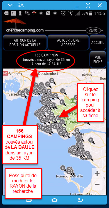 Application Android CAMPING disponible sur Google PLay - cherche camping - cherche-camping.com - Copie écran Géolocalisation résultat
