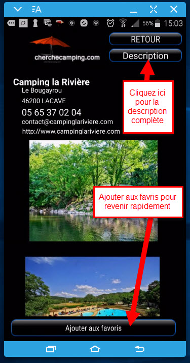 Application Android CAMPING disponible sur Google PLay - cherche camping - cherche-camping.com - Copie écran Fiche camping